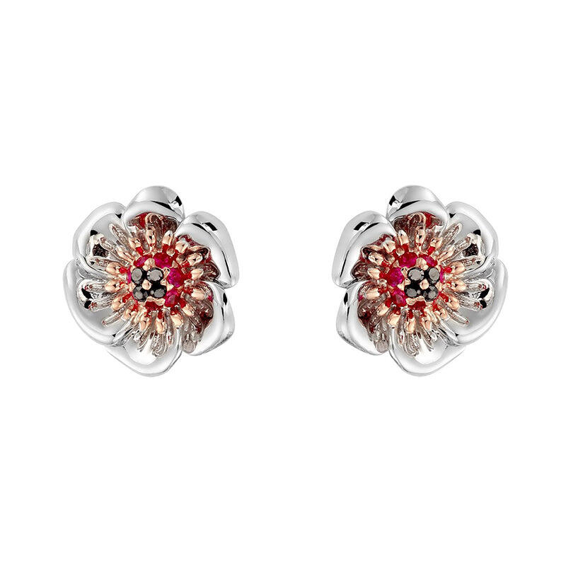 Clogau Welsh Poppy Silver Rose Gold Black Diamond And Ruby Studs D