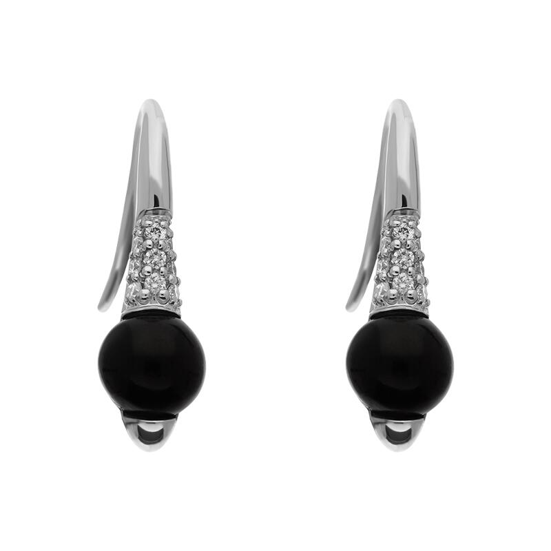 18ct White Gold Whitby Jet 0.13ct Diamond Round Pave Drop Earrings