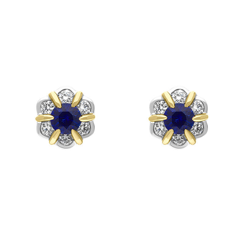 18ct Yellow and White Gold Sapphire Diamond Flower Cluster Stud Earrings