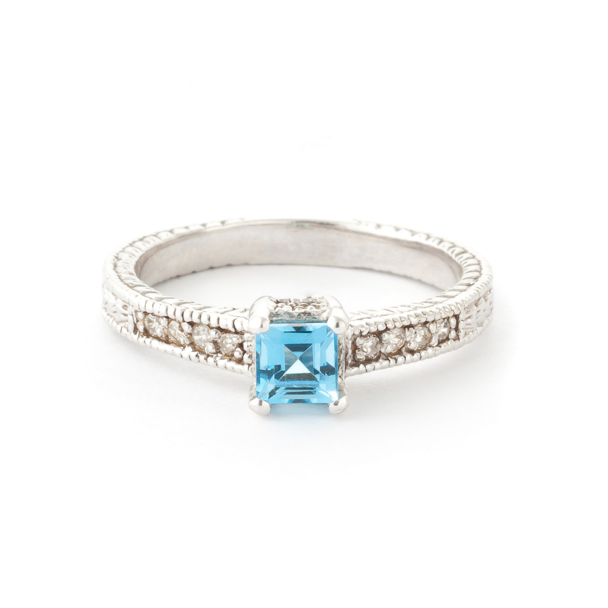 Blue Topaz & Diamond Shoulder Set Ring in Sterling Silver