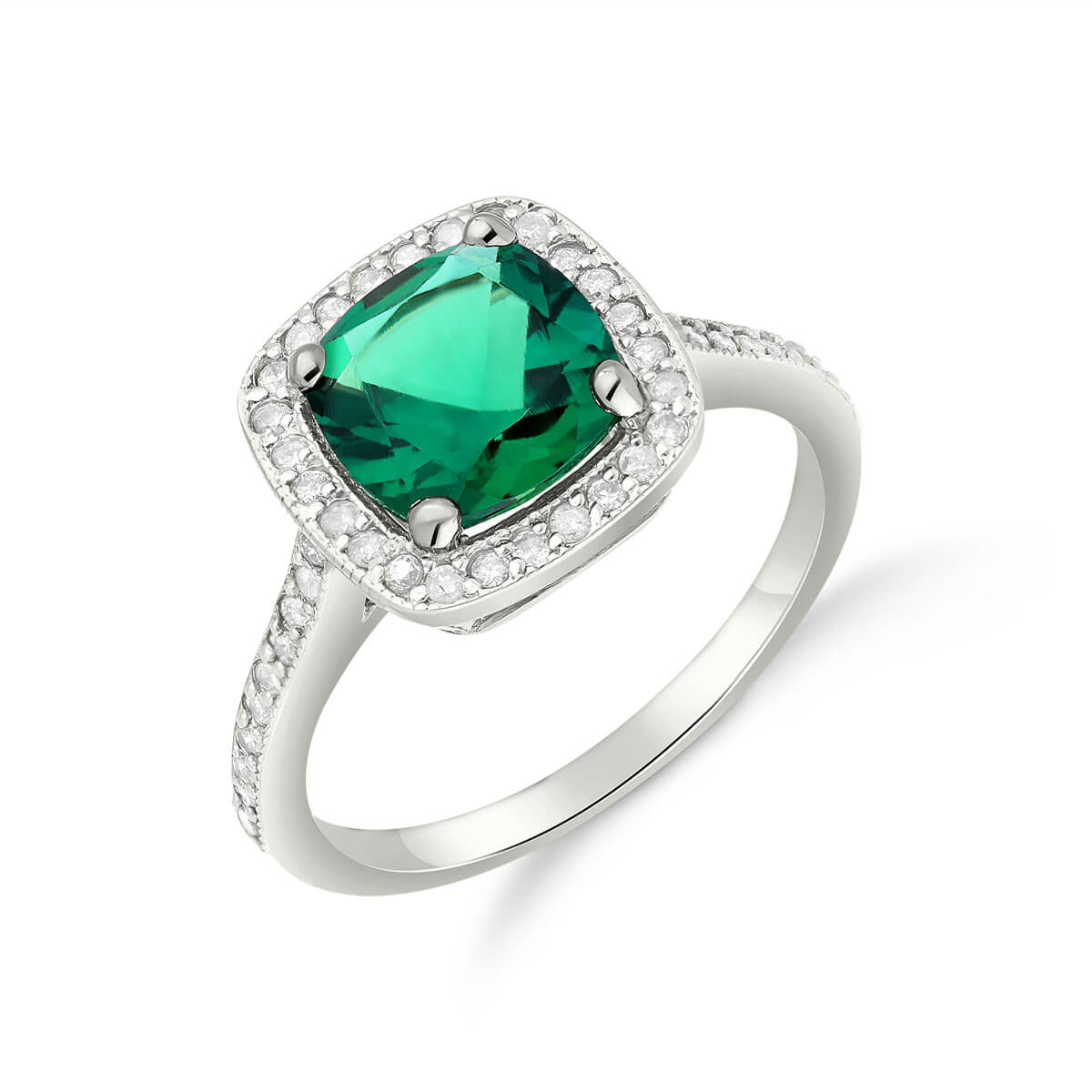 Lab Grown Emerald & Diamond Halo Ring 1.85 ctw in Sterling Silver