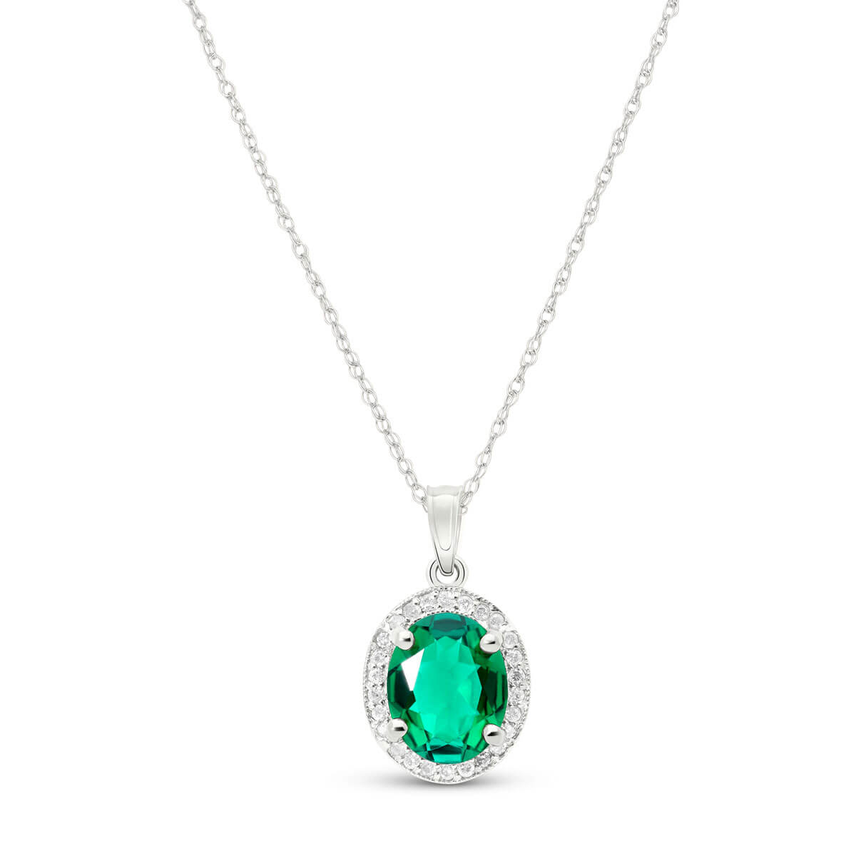 Lab Grown Emerald & Diamond Halo Pendant Necklace 2.04 ctw in 9ct White Gold