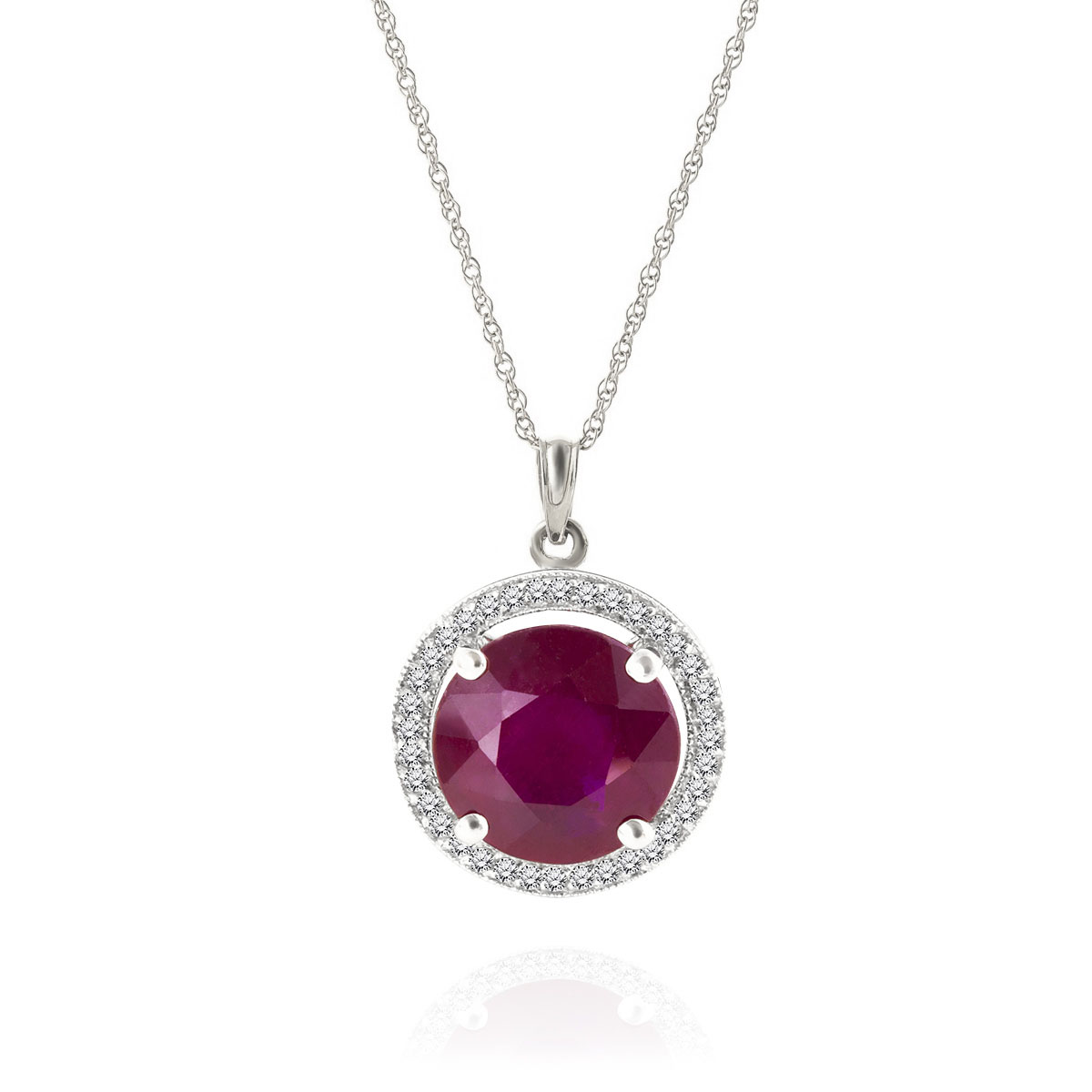 Ruby & Diamond Halo Pendant Necklace in 9ct White Gold