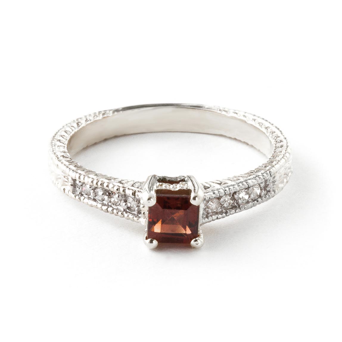 Garnet & Diamond Shoulder Set Ring in Sterling Silver
