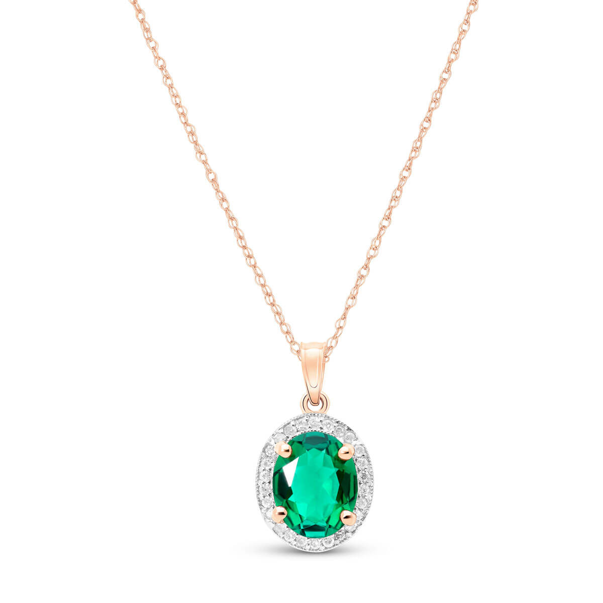 Lab Grown Emerald & Diamond Halo Pendant Necklace 2.04 ctw in 9ct Rose Gold