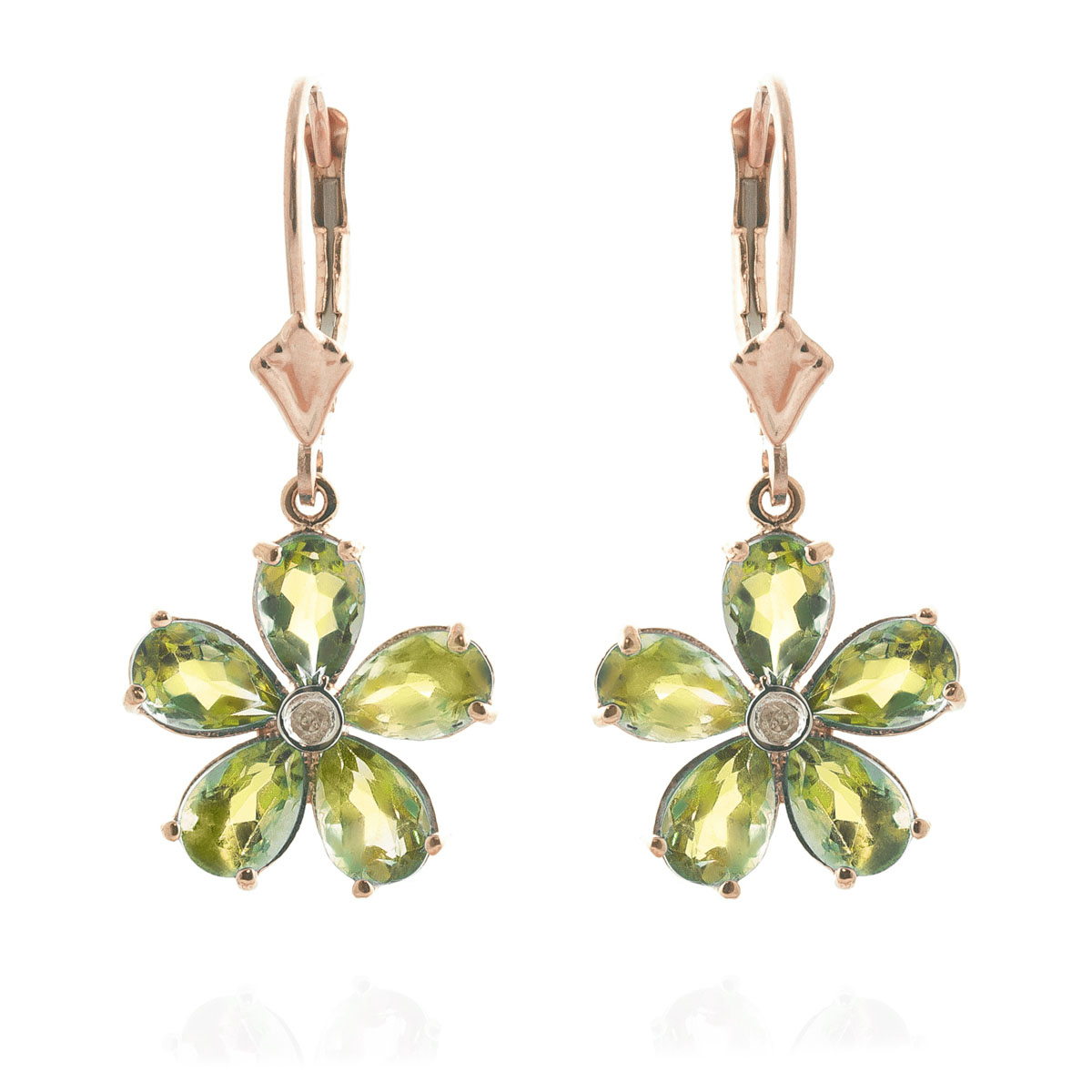 Peridot & Diamond Flower Petal Drop Earrings in 9ct Rose Gold
