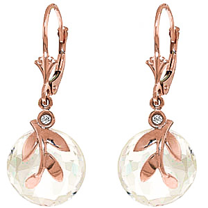 White Topaz & Diamond Olive Leaf Drop Earrings in 9ct Rose Gold