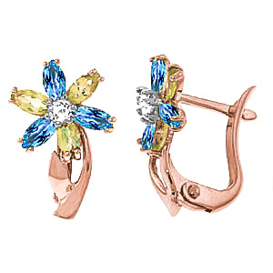 Blue Topaz, Diamond & Peridot Flower Petal Stud Earrings in 9ct Rose Gold