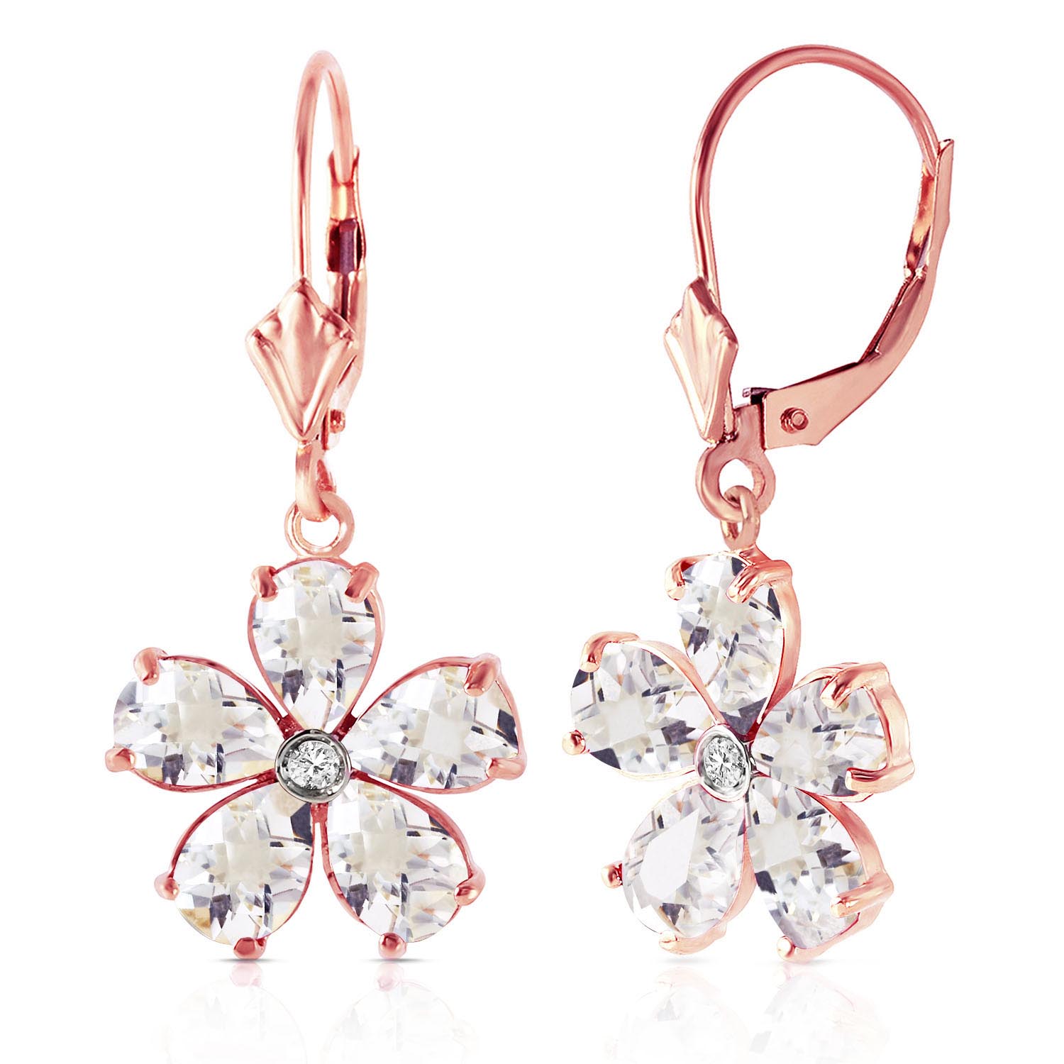 White Topaz & Diamond Flower Petal Drop Earrings in 9ct Rose Gold