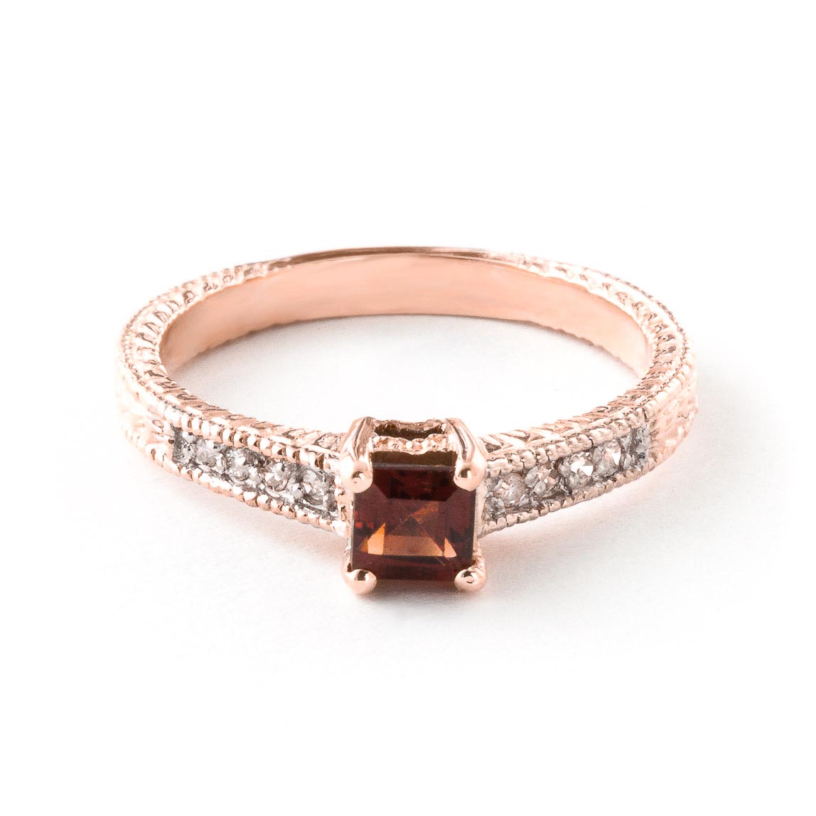 Garnet & Diamond Shoulder Set Ring in 9ct Rose Gold