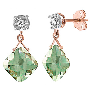 Green Amethyst & Diamond Deflection Stud Earrings in 9ct Rose Gold