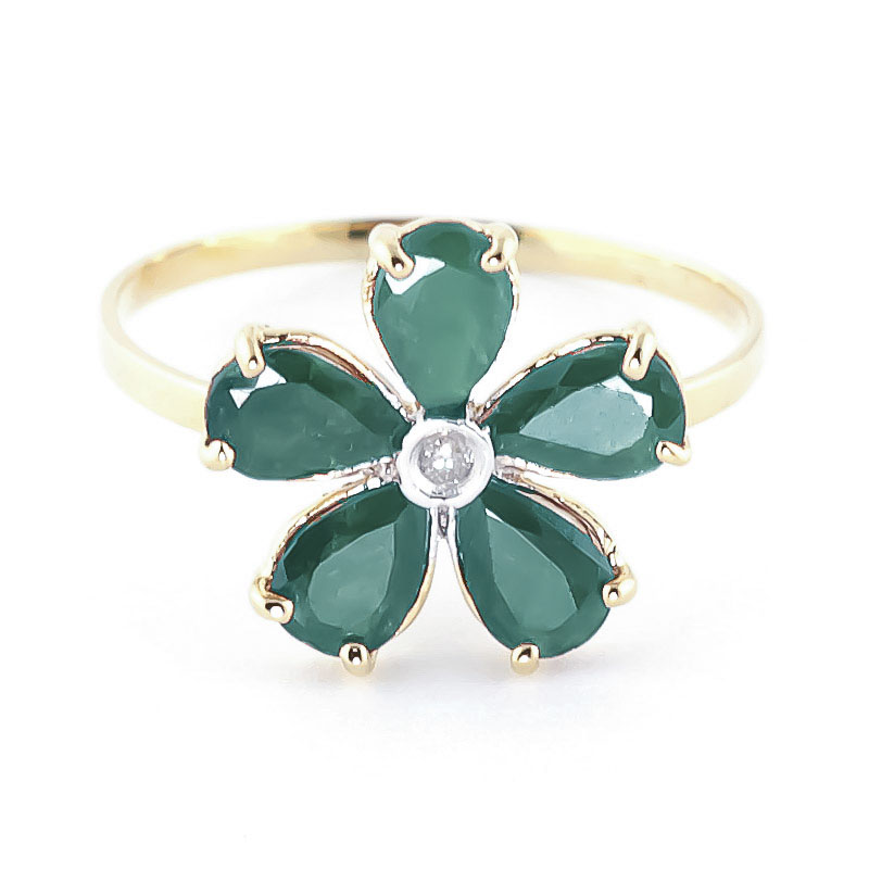 Emerald & Diamond Five Petal Ring in 9ct Gold