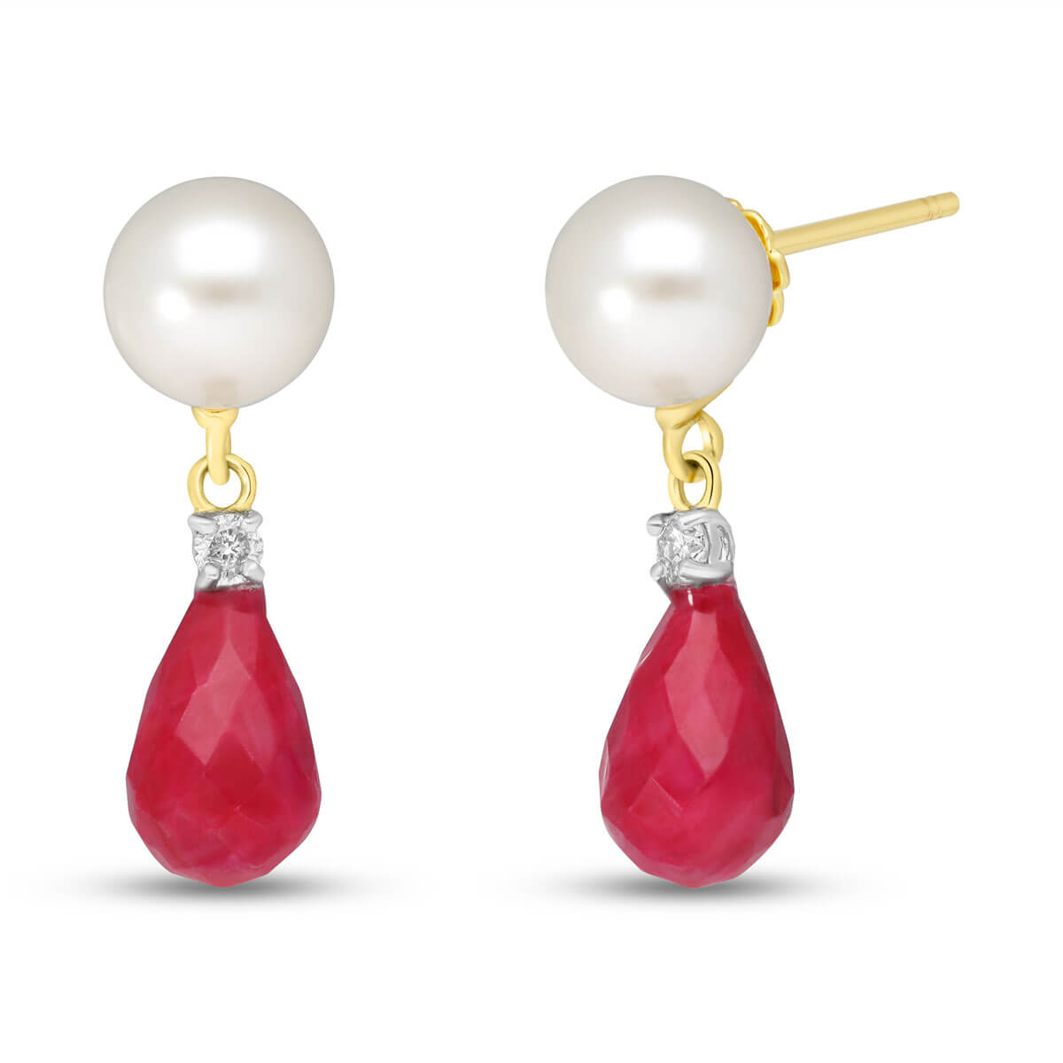 Ruby, Diamond & Pearl Drop Earrings in 9ct Gold