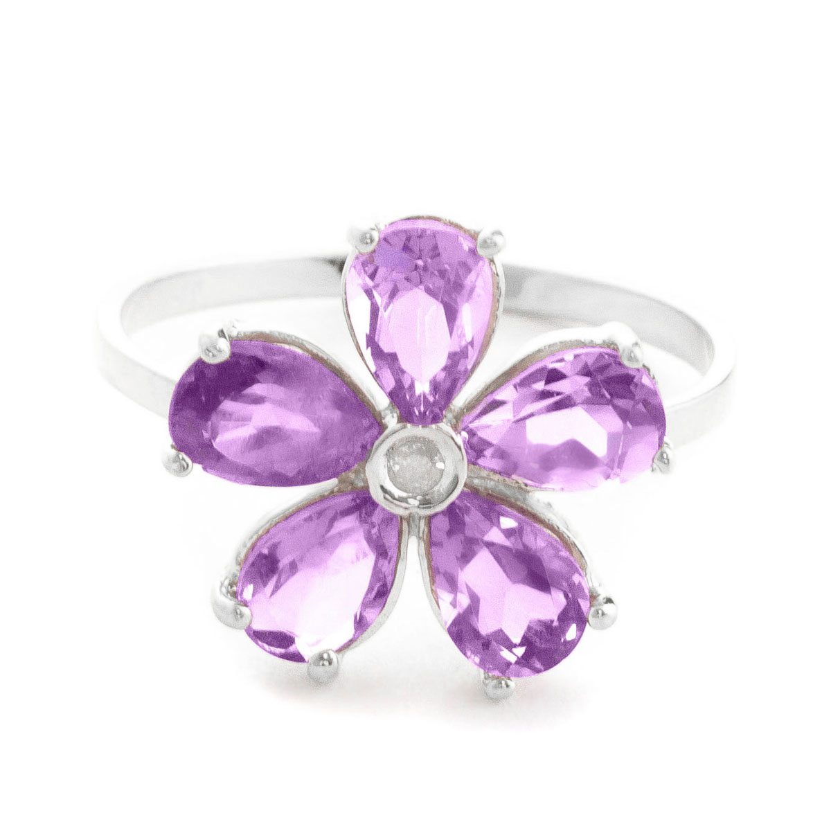 Amethyst & Diamond Five Petal Ring in 9ct White Gold