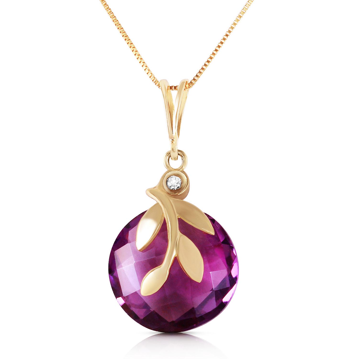 Amethyst & Diamond Olive Leaf Chequer Pendant Necklace in 9ct Gold