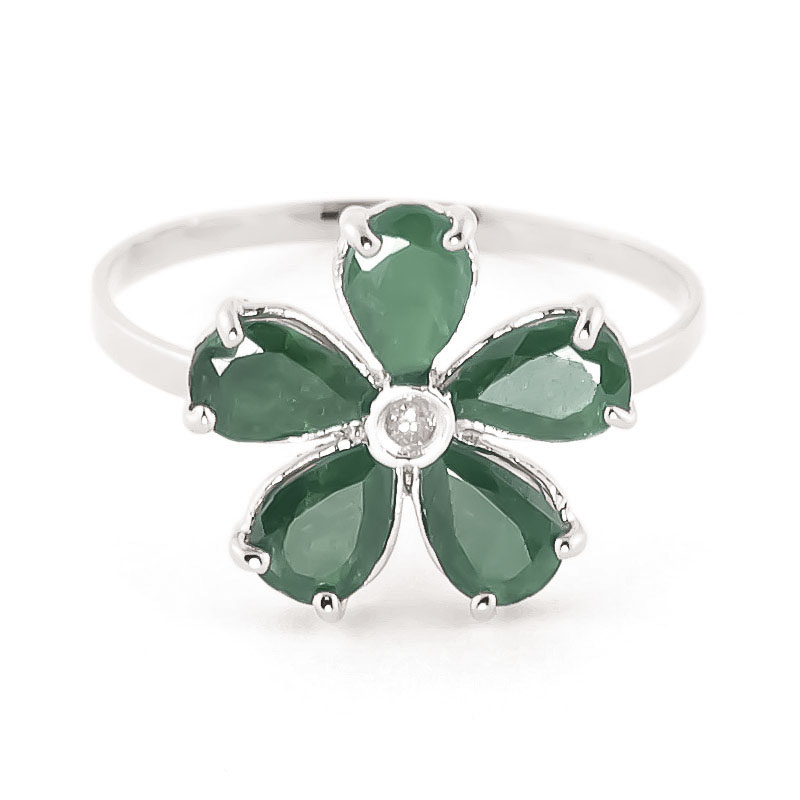 Emerald & Diamond Five Petal Ring in 9ct White Gold