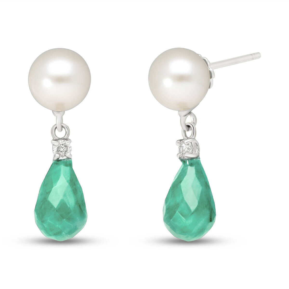 Emerald, Diamond & Pearl Drop Earrings in 9ct White Gold