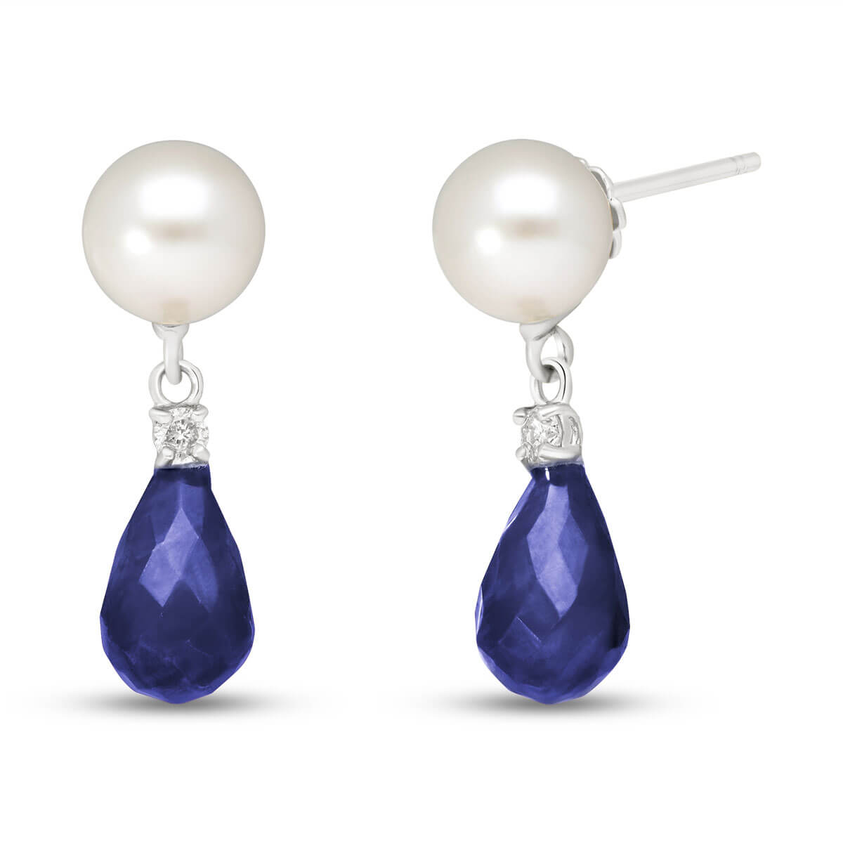 Sapphire, Diamond & Pearl Drop Earrings in 9ct White Gold