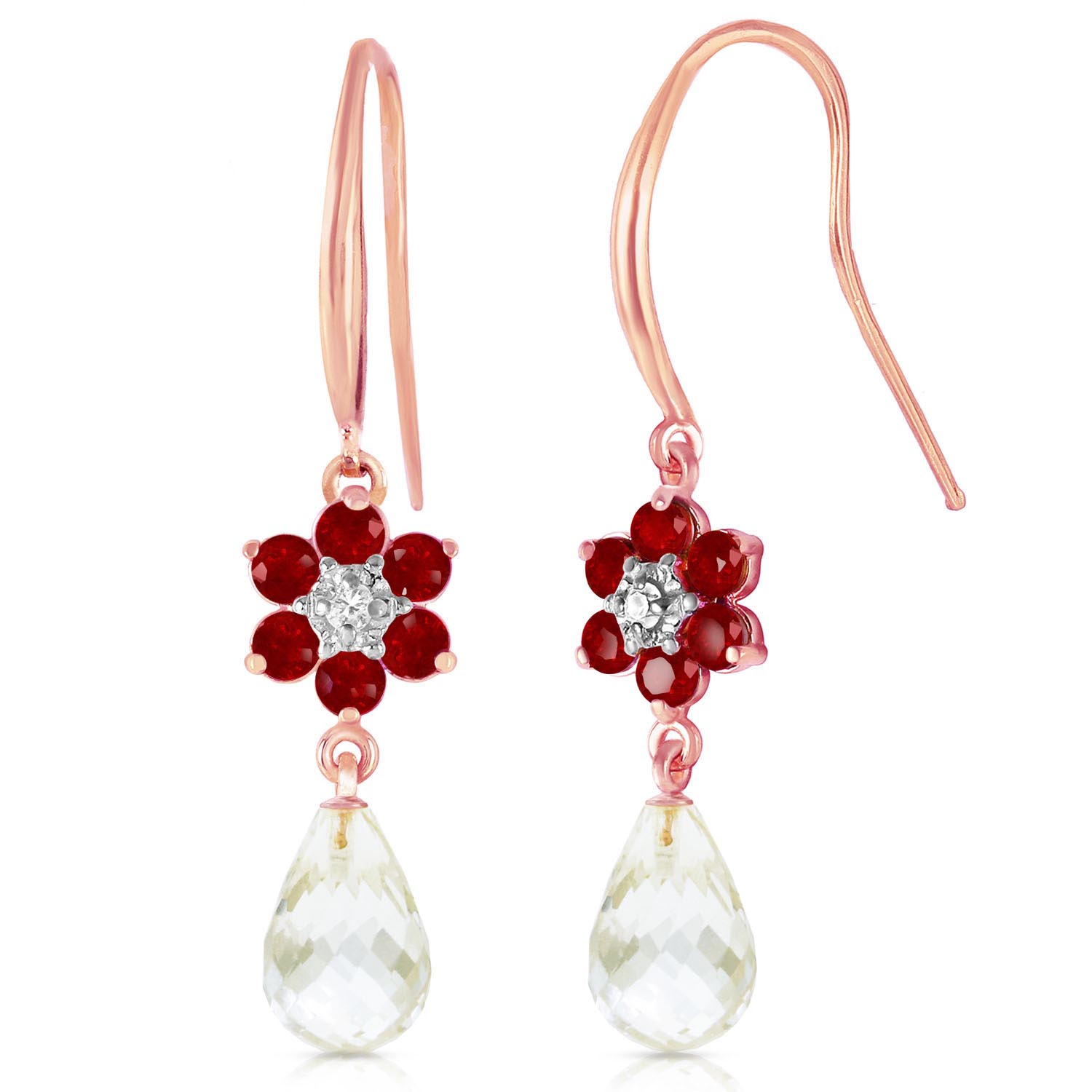 White Topaz, Diamond & Ruby Daisy Chain Drop Earrings in 9ct Rose Gold