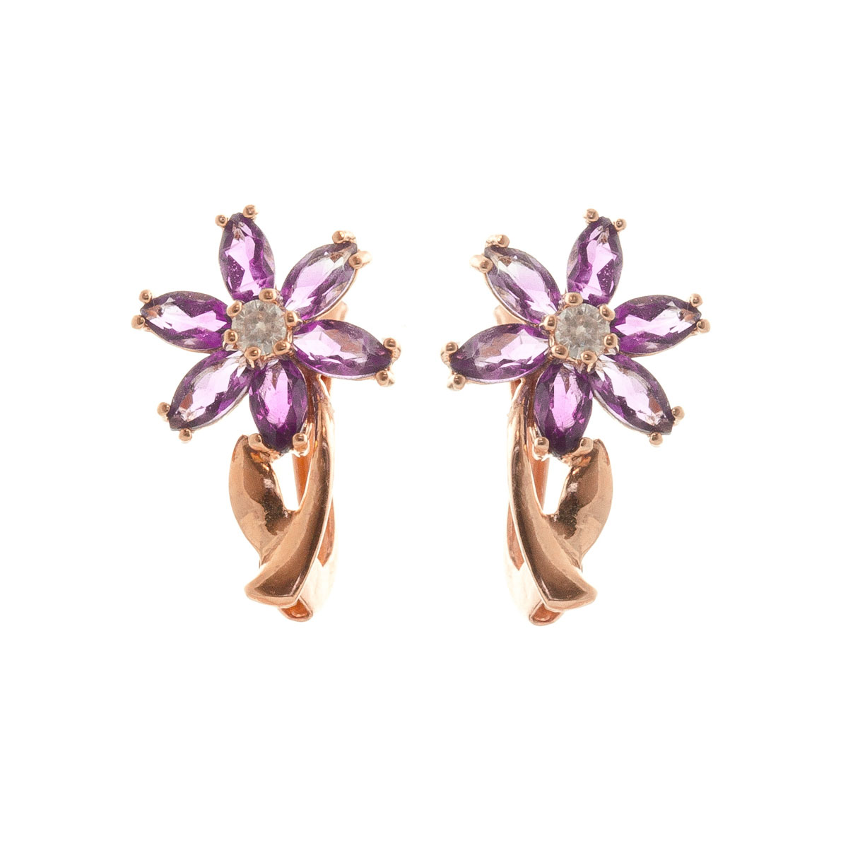 Amethyst & Diamond Flower Petal Drop Earrings in 9ct Rose Gold