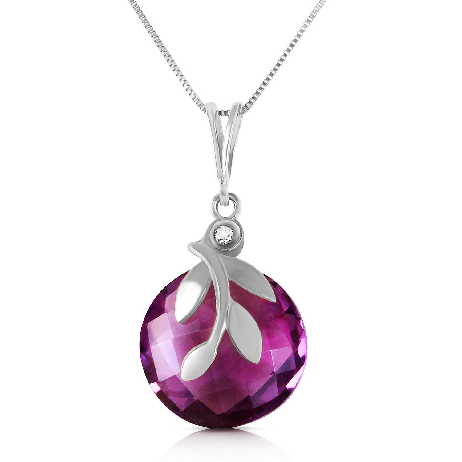 Amethyst & Diamond Olive Leaf Chequer Pendant Necklace in 9ct White Gold