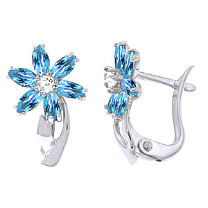 Blue Topaz & Diamond Flower Petal Stud Earrings in 9ct White Gold