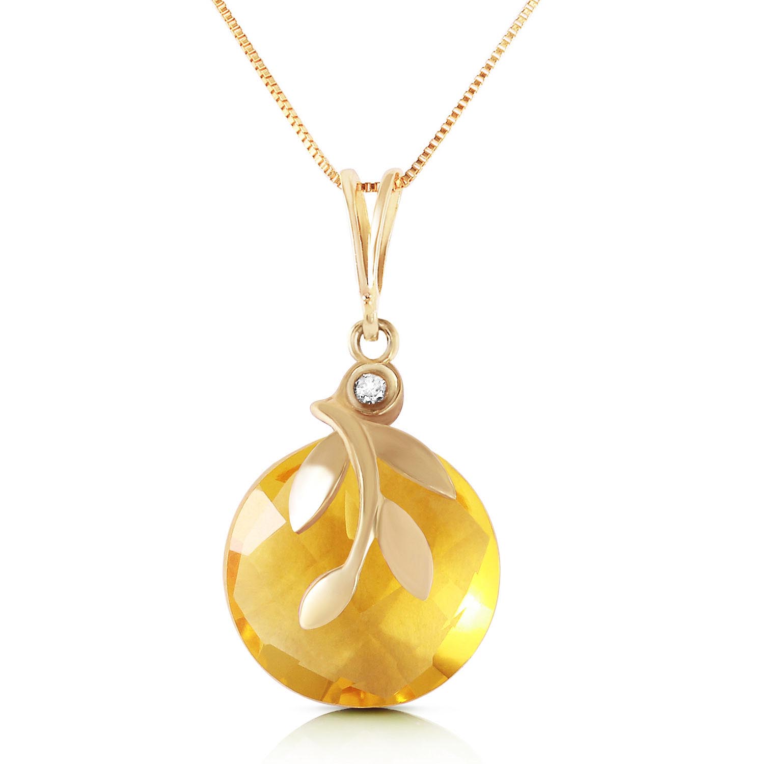 Citrine & Diamond Olive Leaf Chequer Pendant Necklace in 9ct Gold