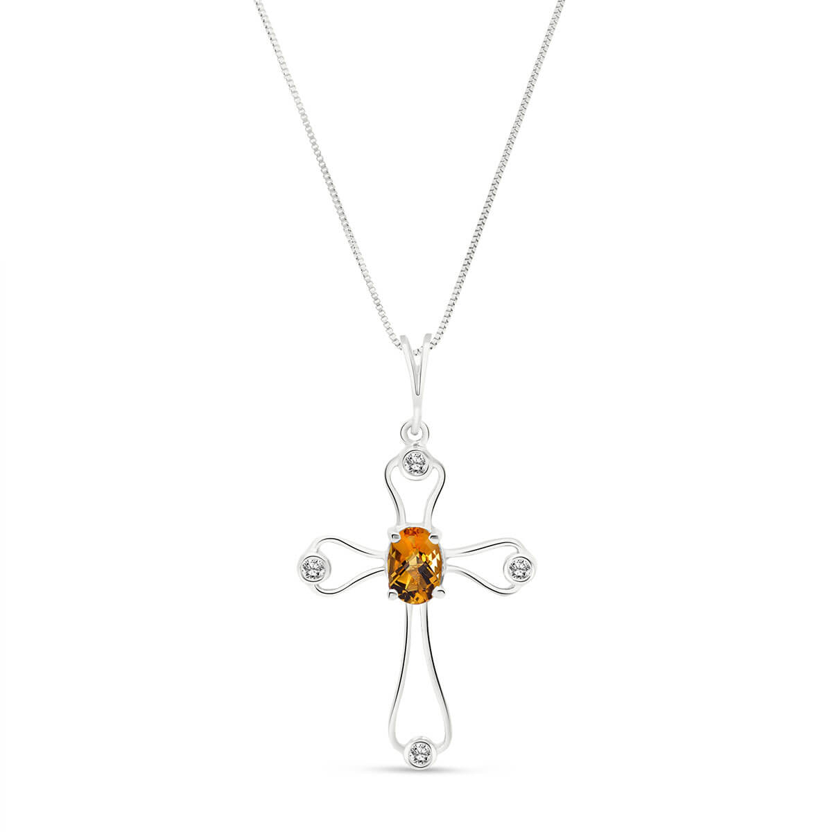 Citrine & Diamond Venetian Cross Pendant Necklace in 9ct White Gold