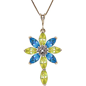 Peridot, Diamond & Blue Topaz Flower Cross Pendant Necklace in 9ct Gold