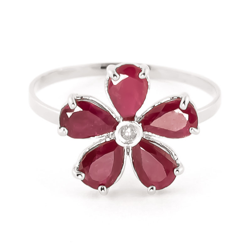 Ruby & Diamond Five Petal Ring in 9ct White Gold
