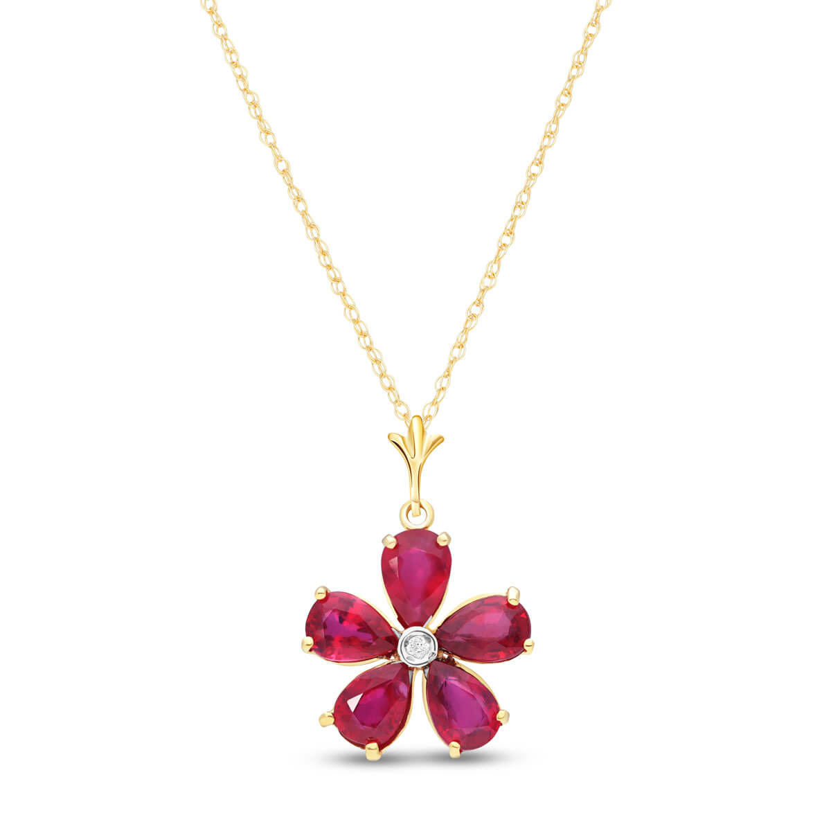 Ruby & Diamond Flower Petal Pendant Necklace in 9ct Gold