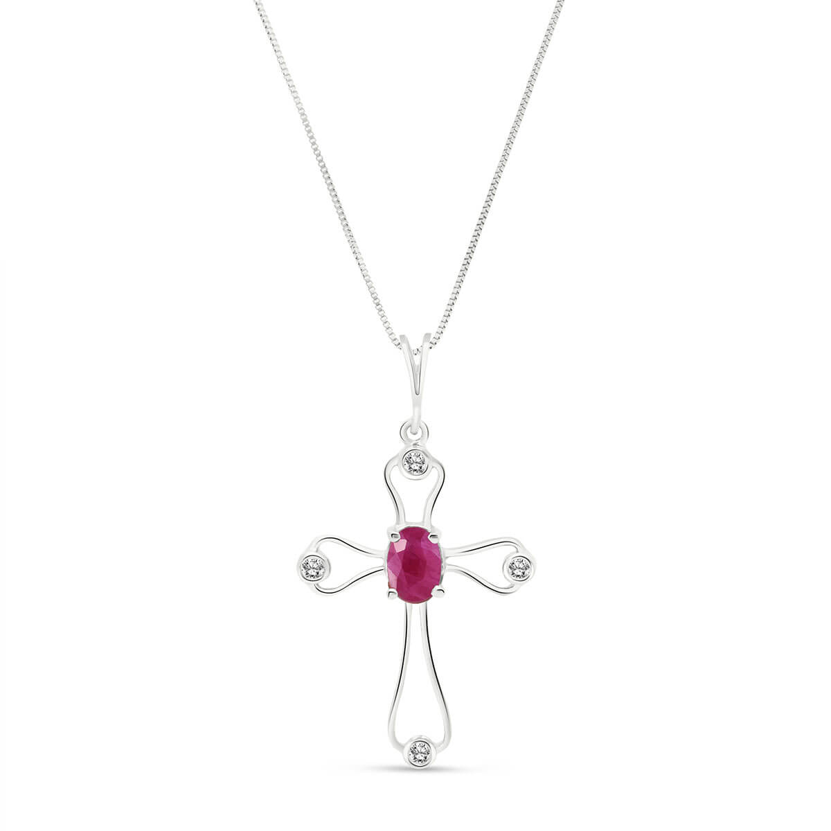 Ruby & Diamond Venetian Cross Pendant Necklace in 9ct White Gold