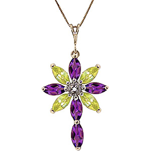 Amethyst, Diamond & Peridot Flower Cross Pendant Necklace in 9ct Gold