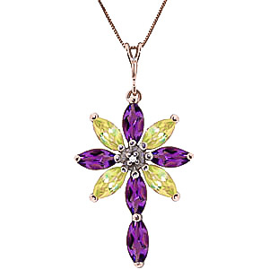 Amethyst, Diamond & Peridot Flower Cross Pendant Necklace in 9ct Rose Gold