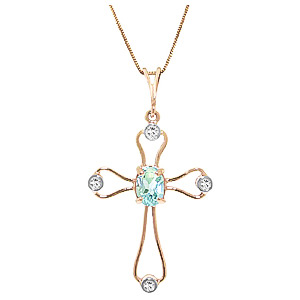Aquamarine & Diamond Cross Pendant Necklace in 9ct Rose Gold