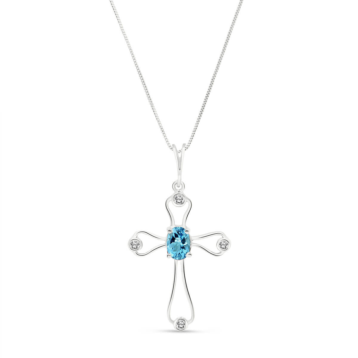 Blue Topaz & Diamond Venetian Cross Pendant Necklace in 9ct White Gold