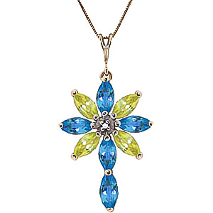 Blue Topaz, Diamond & Peridot Flower Cross Pendant Necklace in 9ct Gold