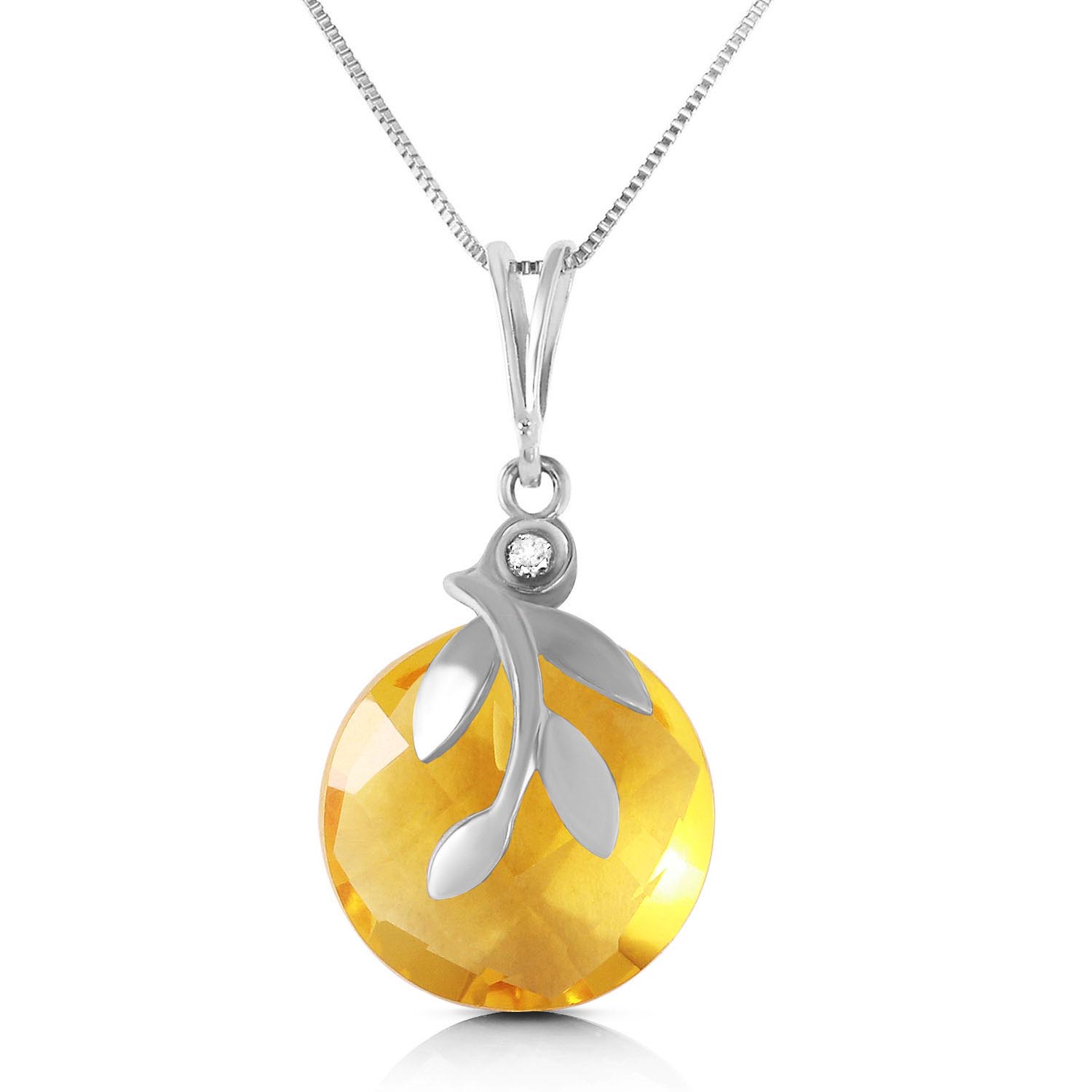 Citrine & Diamond Olive Leaf Chequer Pendant Necklace in 9ct White Gold
