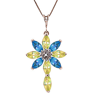 Peridot, Diamond & Blue Topaz Flower Cross Pendant Necklace in 9ct Rose Gold