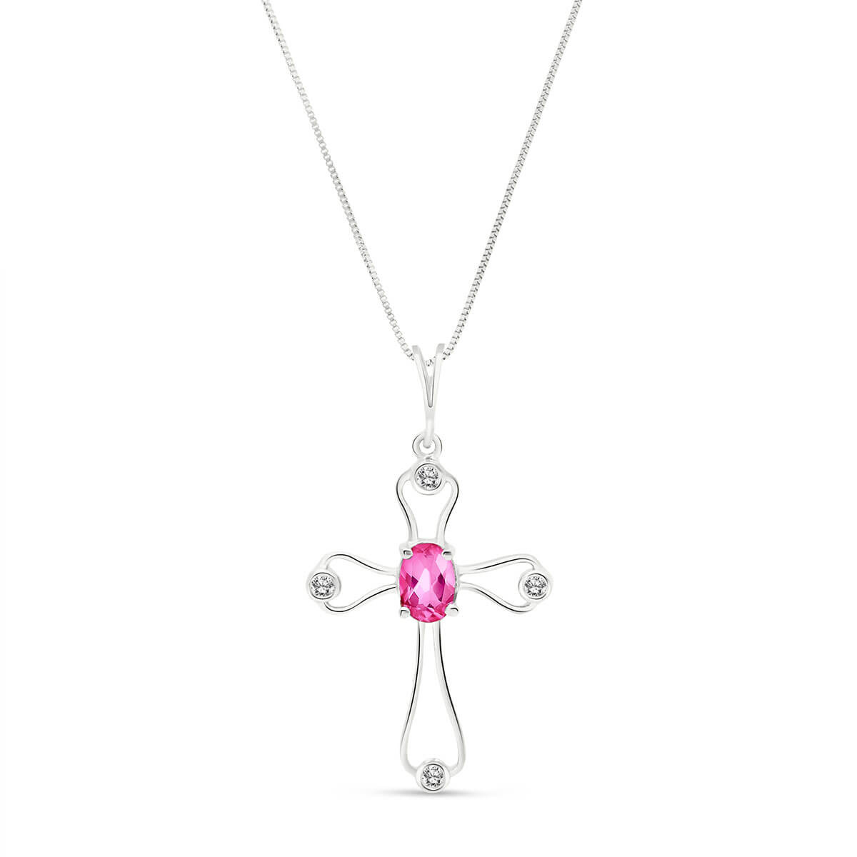 Pink Topaz & Diamond Venetian Cross Pendant Necklace in 9ct White Gold