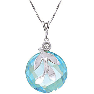 Blue Topaz & Diamond Olive Leaf Chequer Pendant Necklace in 9ct White Gold