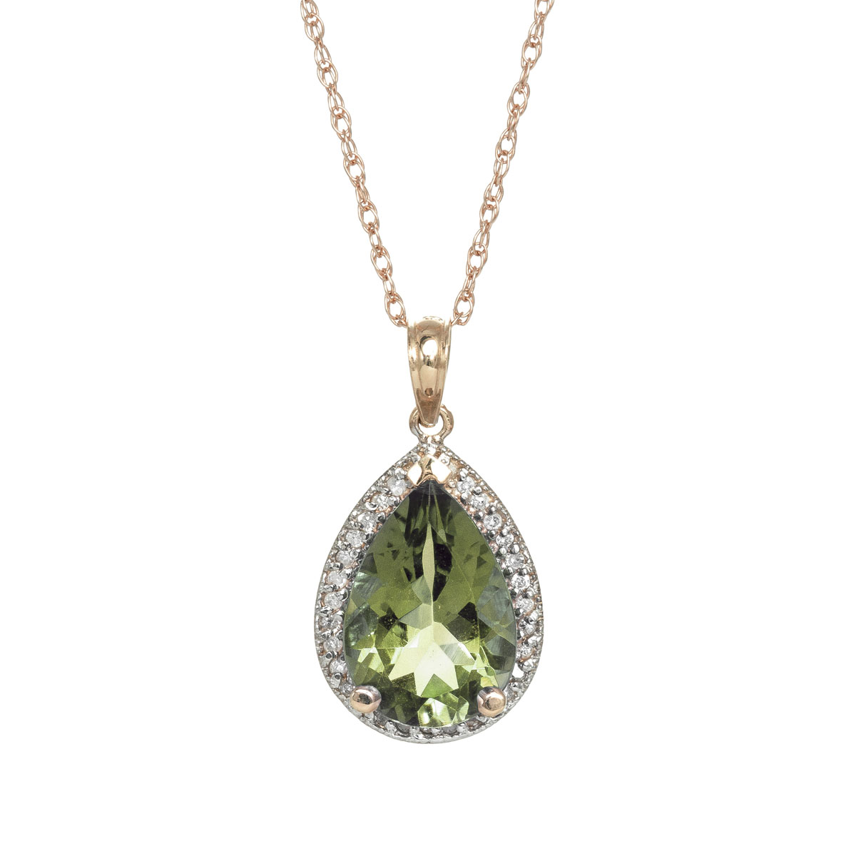 Green Amethyst Halo Pendant Necklace 3.36 ctw in 9ct Rose Gold