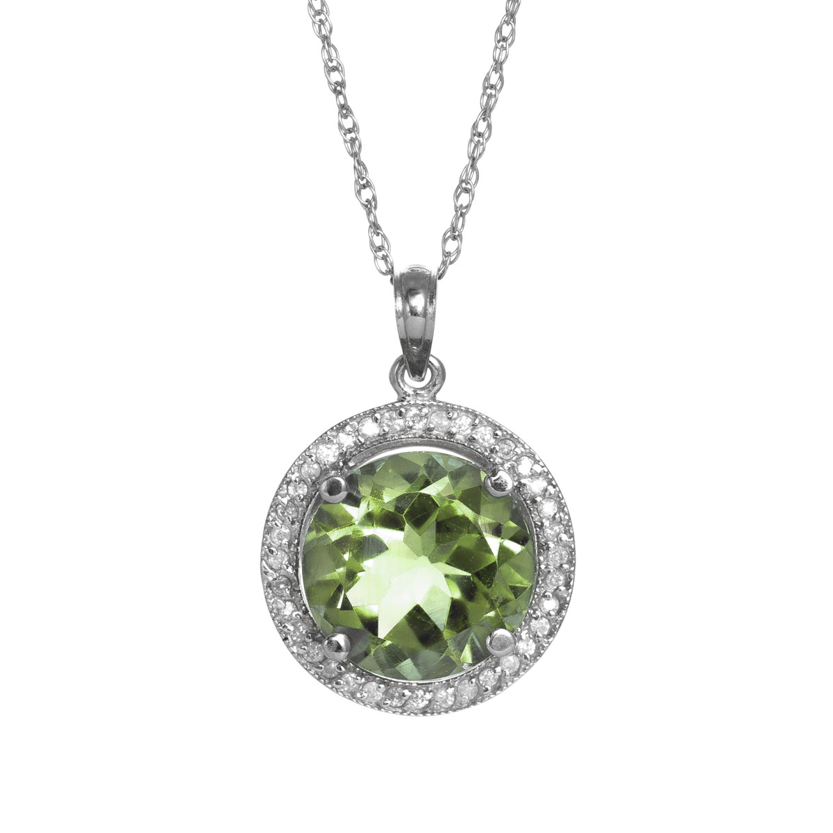 Green Amethyst Halo Pendant Necklace 5.2 ctw in 9ct White Gold