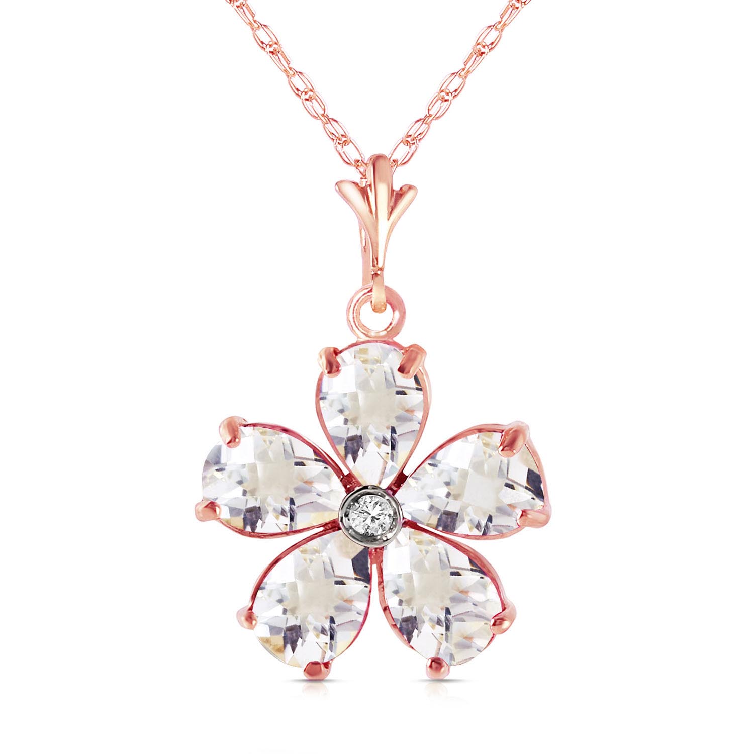 White Topaz & Diamond Flower Petal Pendant Necklace in 9ct Rose Gold