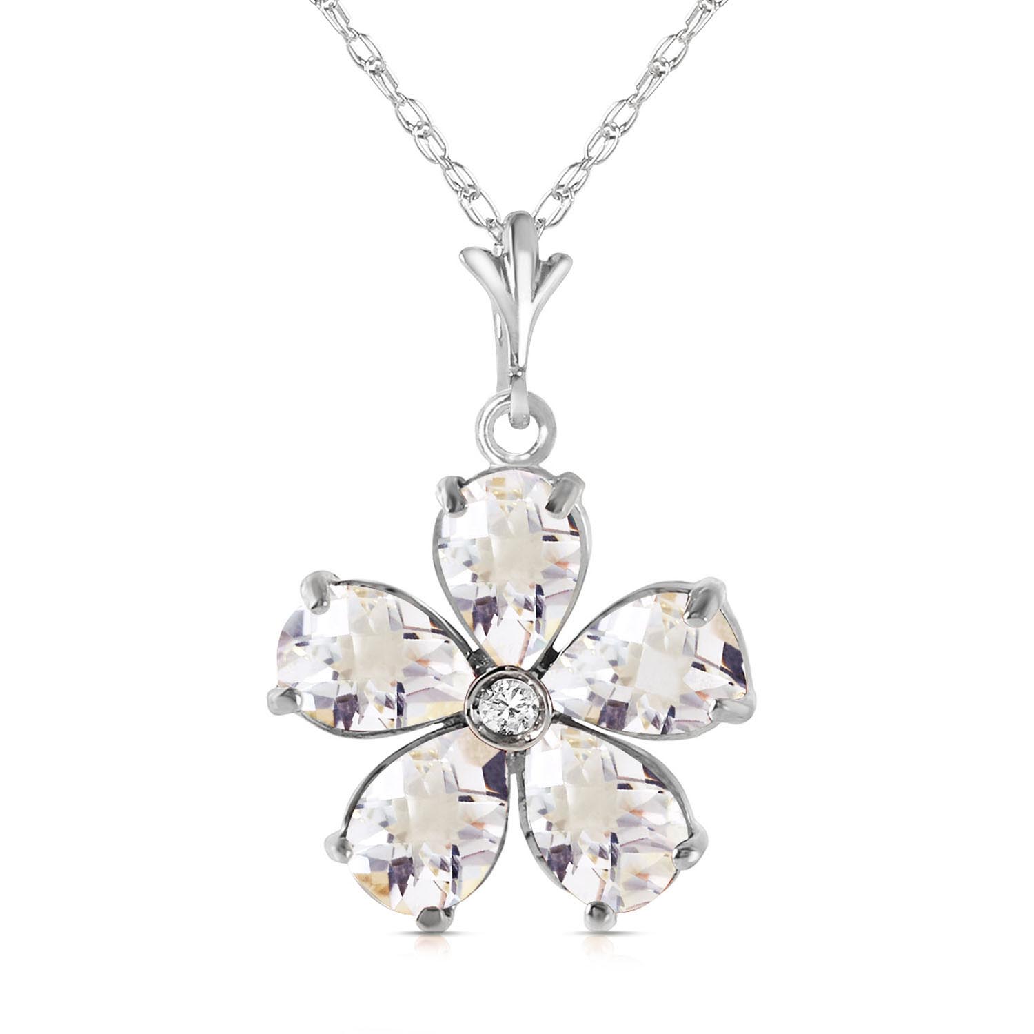 White Topaz & Diamond Flower Petal Pendant Necklace in 9ct White Gold