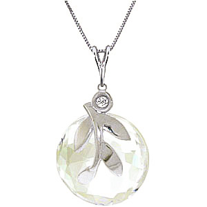 White Topaz & Diamond Olive Leaf Pendant Necklace in 9ct White Gold