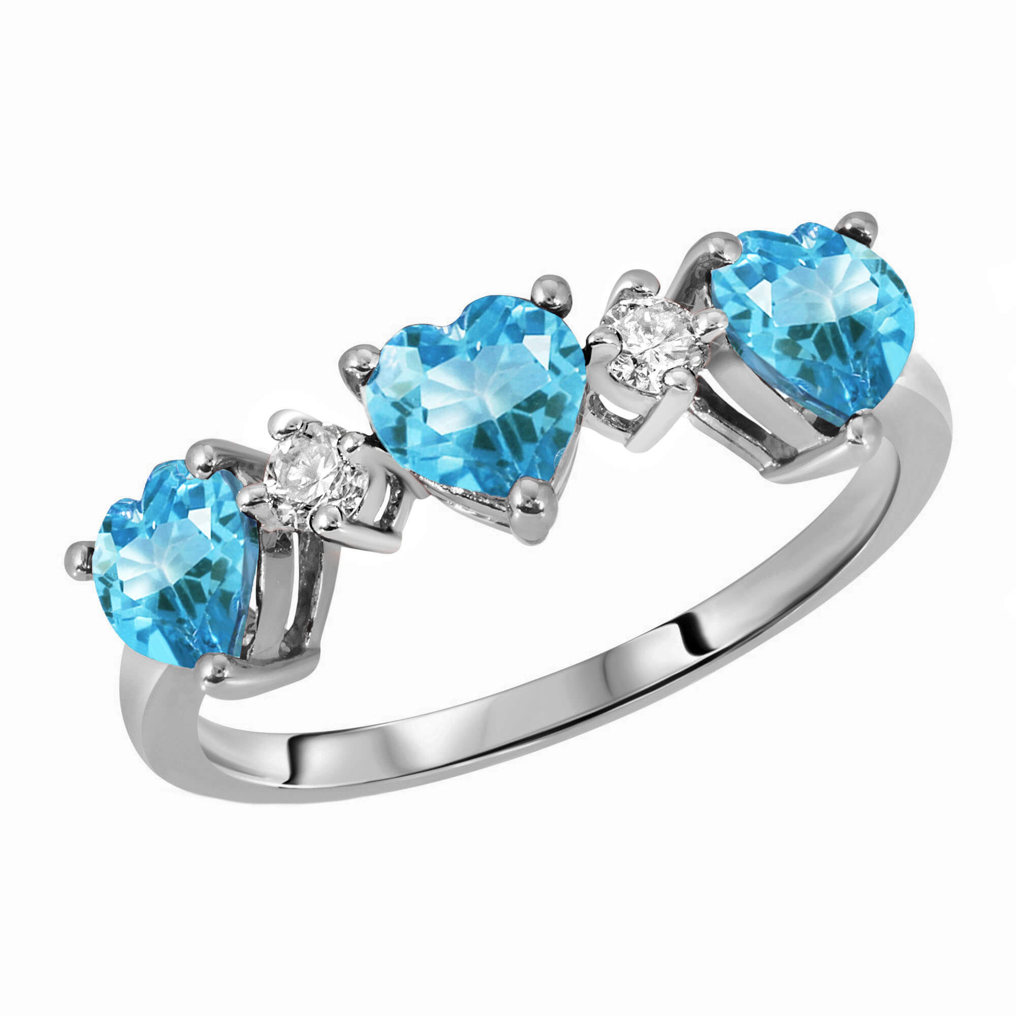 Blue Topaz & Diamond Three Hearts Ring 1.95 ctw in 18ct White Gold