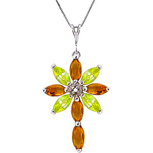Citrine, Diamond & Garnet Flower Cross Pendant Necklace in 9ct White Gold