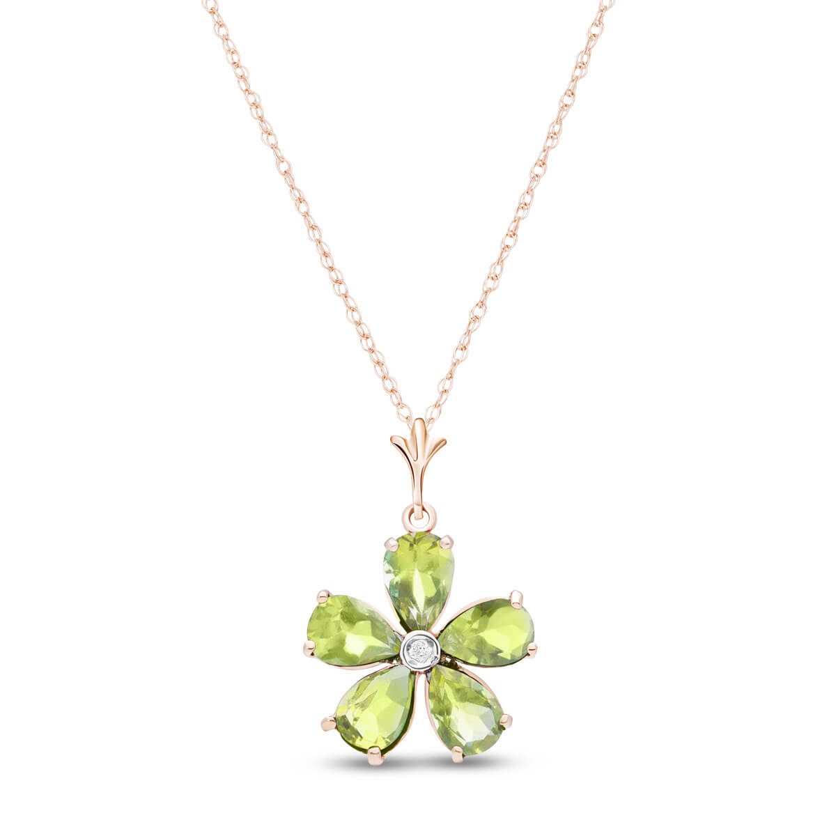 Peridot & Diamond Flower Petal Pendant Necklace in 9ct Rose Gold