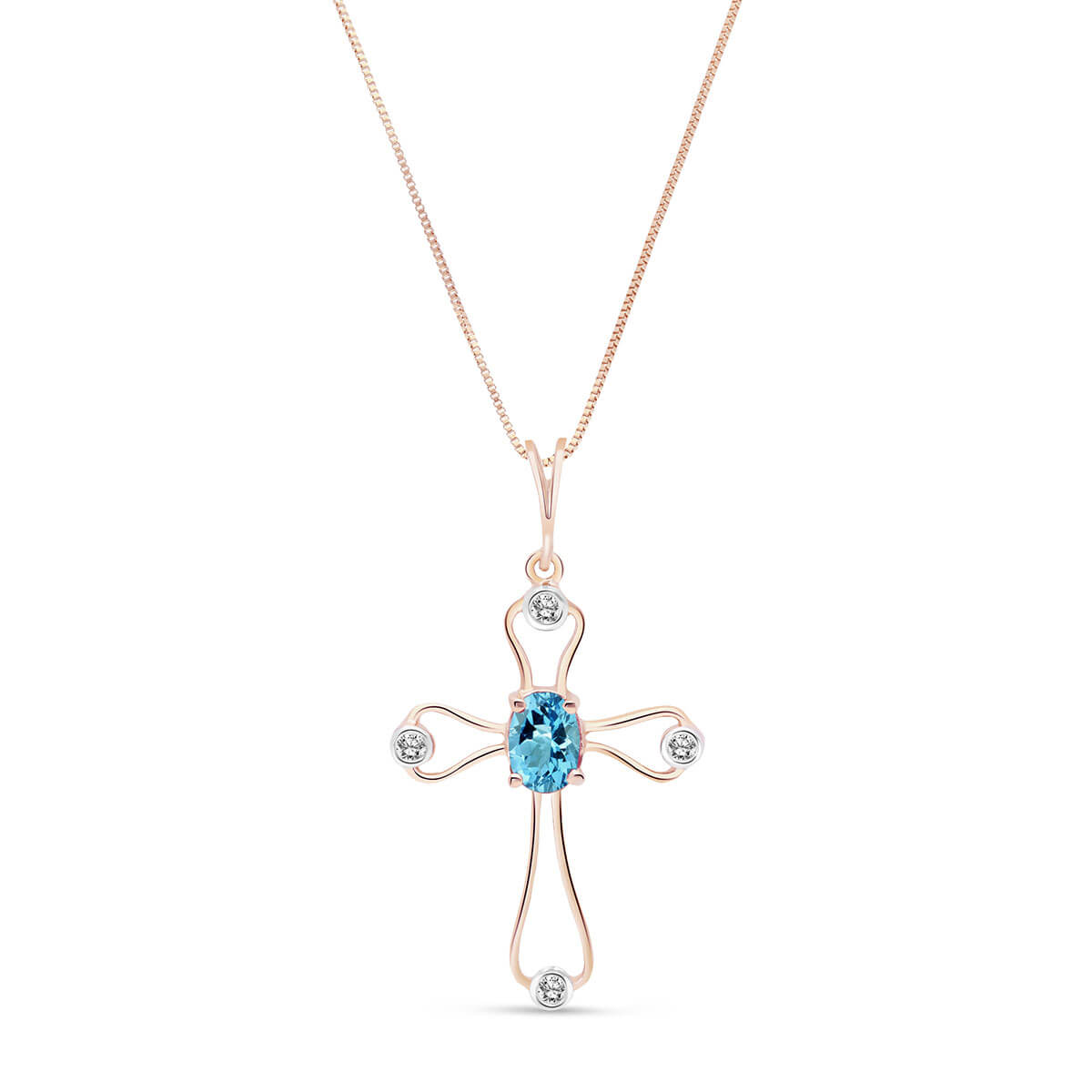 Blue Topaz & Diamond Venetian Cross Pendant Necklace in 9ct Rose Gold
